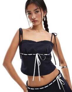Motel Karisa Rivvon Detail Cami Top Co-ord In Navy For Women