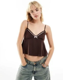 Motel Dalinda Cami Top With Rosette In Brown And Pink For Women