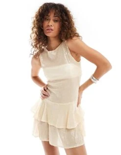 Motel Turtoise Sequin Ruffle Edge Mini Dress In Neutral For Women Nude