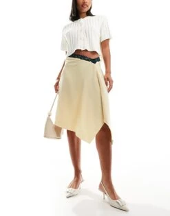 Motel Houda Lace Edge Split Detail Midi Skirt In Yellow For Women Buttermilk