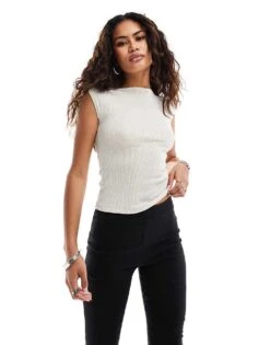 Motel Nova Cap Sleeve Shimmer Baby T-shirt In Ivory For Women