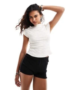 Motel Nova Textured Cap Sleeve T-shirt In Ivory For Women