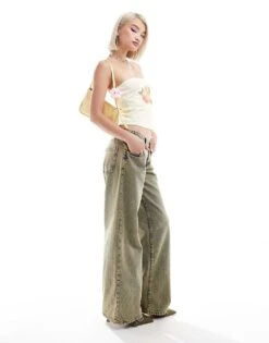 Motel Roomy Wide Leg Low Rise Jeans In Sandy Blue Acid Wash For Women
