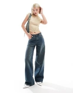 Motel Extra Wide Low Rise Jeans In Brown Blue Acid Wash For Women