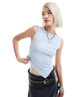 Motel Etta Textured Asymmetric Tank Top In Pale Blue For Women Blue #5