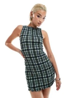 Motel Takayi Check Print Shirred T-shirt Mini Dress In Multi Green For Women Check Green