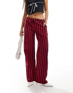 Motel Lirura Striped Trousers In Deep Red And Navy For Women Stripe Red/navy