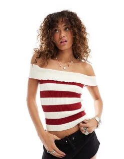Motel Falea Off-shoulder Striped Knit Top In Ivory And Red For Women
