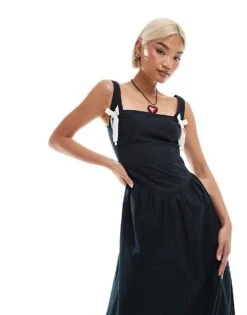 Motel Clesiel Bow Detail Midi Dress In Black For Women Black & Ivory