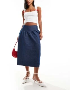 Motel Seraya Waistband Detail Denim Effect Midi Skirt In Indigo For Women