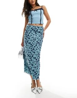 Motel Latika Low Rise Flocked Midaxi Skirt In Blue And Navy For Women Blue/navy