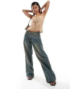 Motel Roomy Wide Leg Low Rise Jeans In Brown Blue Acid Wash For Women