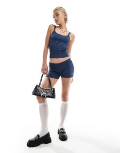 Motel Hallie Ribbed Knit Micro Short Co-ord In Navy For Women