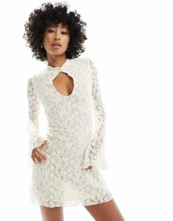 Motel Silvanna Key Hole Lace Long Sleeve Mini Dress In Ivory For Women