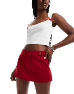 Motel Lavonne Button Detail Mini Skirt In Red For Women