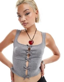 Motel Vonnie Bow Detail Knitted Vest In Grey For Women