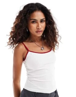 Motel Solani Fitted Cami Top In White And Red For Women White/red