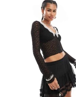 Motel Chantal Long Sleeve Lace Edge Top In Black And Pink For Women Black/pink