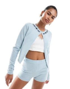 Motel Wunara Embroidered Detail Mini Cardigan Co-ord In Light Blue For Women