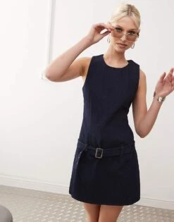 Motel Dilshan Buckle Detail Mini Shift Dress In Indigo Blue For Women