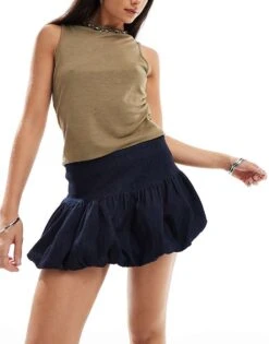 Motel Sisila Denim Puffball Mini Skirt In Indigo Blue For Women