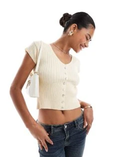 Motel Dawira Button Through Scoop Neck Ribbed Top In Ivory For Women