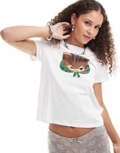 Motel Saki Nona Kitty Print Relaxed Fit T-shirt In White For Women