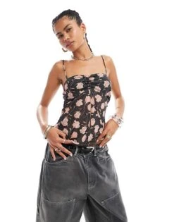 Motel Megumi Falling Rose Split Front Cami Top In Black And Pink For Women Black/pink