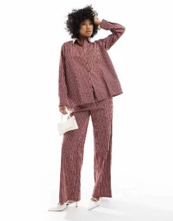 Motel Lirura Striped Low Rise Trouser In Burgundy For Women Burgundy Stripe