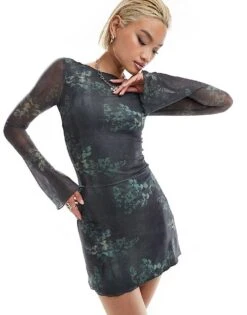 Motel Sevila Botanical Print Long Sleeve Dress In Faded Blue Green For Women Blue/green