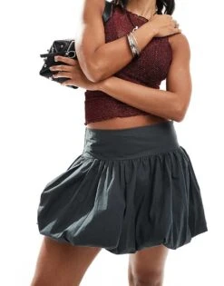 Motel Kiyowo Puffball Mini Skirt In Charcoal Grey For Women