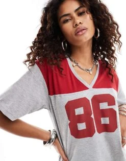Motel Balap Oversized Varsity T-shirt In Grey And Red For Women Grey/red