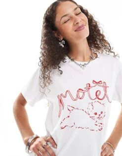 Motel Oversize Kitty Motif T-shirt In White For Women