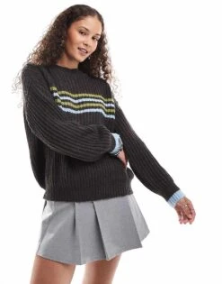 Motel Lamees Striped Chunky Knit Round Neck Jumper In Brown For Women