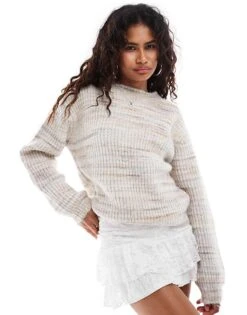 Motel Karu Brushed Round Neck Chunky Knit Jumper In Neutral For Women