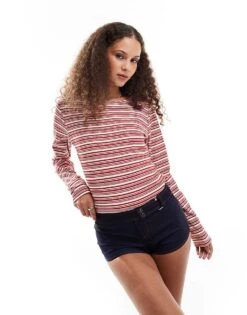 Motel Haruka Long Sleeve Striped Fitted Top In Red And White For Women Red/white Stripe
