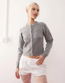Motel Aura Button Through Fluffy Cardigan In Dusty Grey For Women
