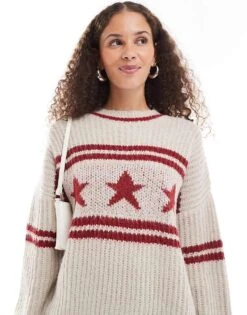 Motel Lulees Star Motif Oversized Jumper In Oat For Women