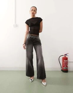 Motel Roomy Extra Wide Low Rise Jeans In Grey Used Bleach For Women