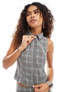 Motel Janae Sleeveless Front Zip Top In Grey Check Co-ord For Women