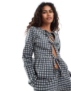 Motel Bertaria Bow Front Long Sleeve Blouse In Black Grey Co-ord For Women