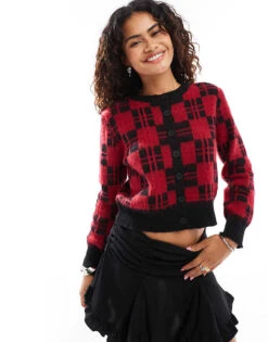 Motel Anzio Crew Neck Cardigan In Black And Red For Women Red/black