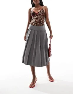 Motel Trisma Pleated Midi Skirt In Grey For Women Charcoal