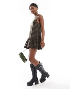 Motel Samana Sleeveless Smock Mini Dress In Dark Brown For Women Check Drk Brown 6