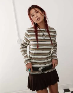 Motel Dafika Striped Relaxed Long Sleeve Top In Brown For Women Brown/white Stripe