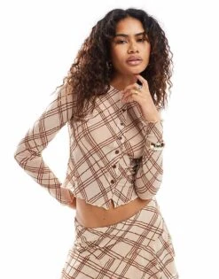 Motel Kahula Sketchy Stripe Micro Cardigan Co-ord In Natural For Women