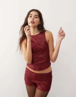 Motel Hala Drape Sequin Vest Top Co-ord In Burgundy For Women