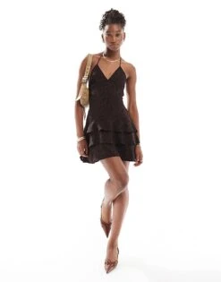 Motel Nenita Jaguar Print Ruffle Mini Dress In Dark Brown For Women