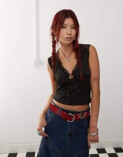 Motel Livina Slinky Lace Insert Top In Black For Women