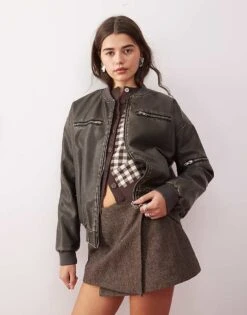 Motel Marco Distressed Faux Leather Bomber Jacket In Black For Women Distressed Black